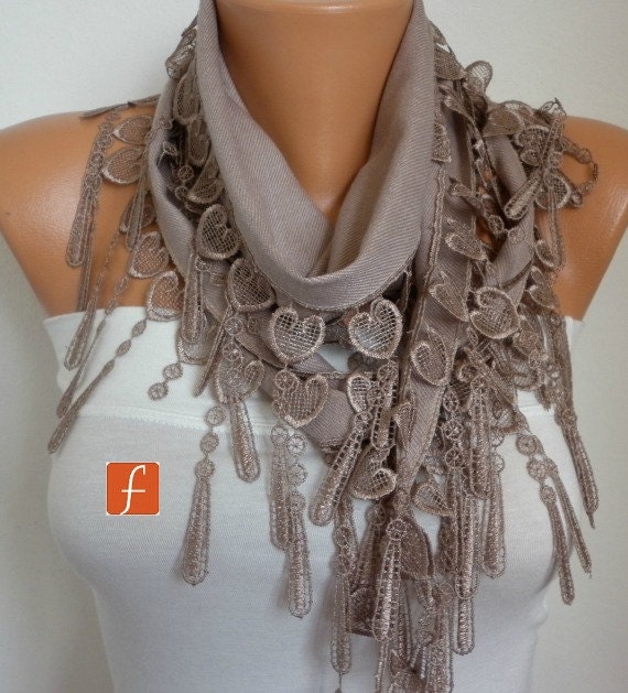 Beige Scarf  -  Pashmina Scarf  -  Cowl  Scarf with Lace Edge - fatwoman - LOVE - HEART