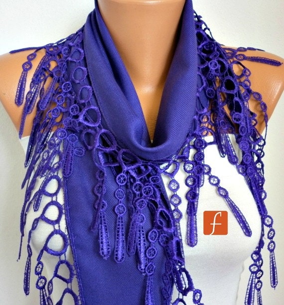 BIG SALE Purple Scarf - Pashmina Scarf - Cowl Scarf with Lace Edge - fatwoman