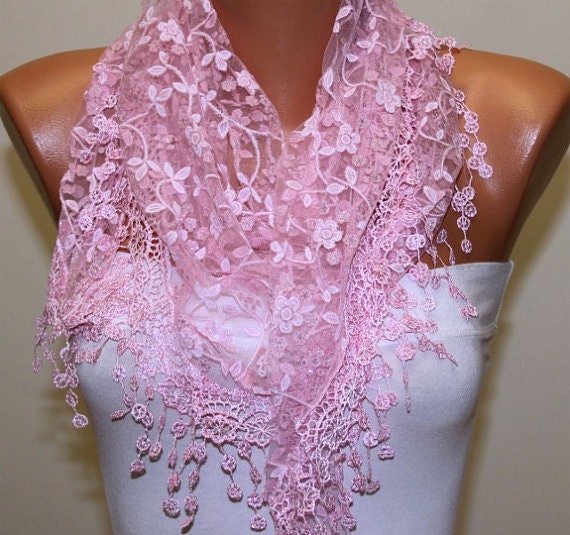 Women Shawl Scarf - Cowl Scarf - Lace Scarf -Pink - fatwoman