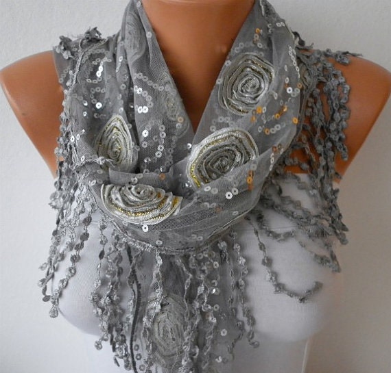Gray Sequin Scarf - Cowl Scarf - fatwoman