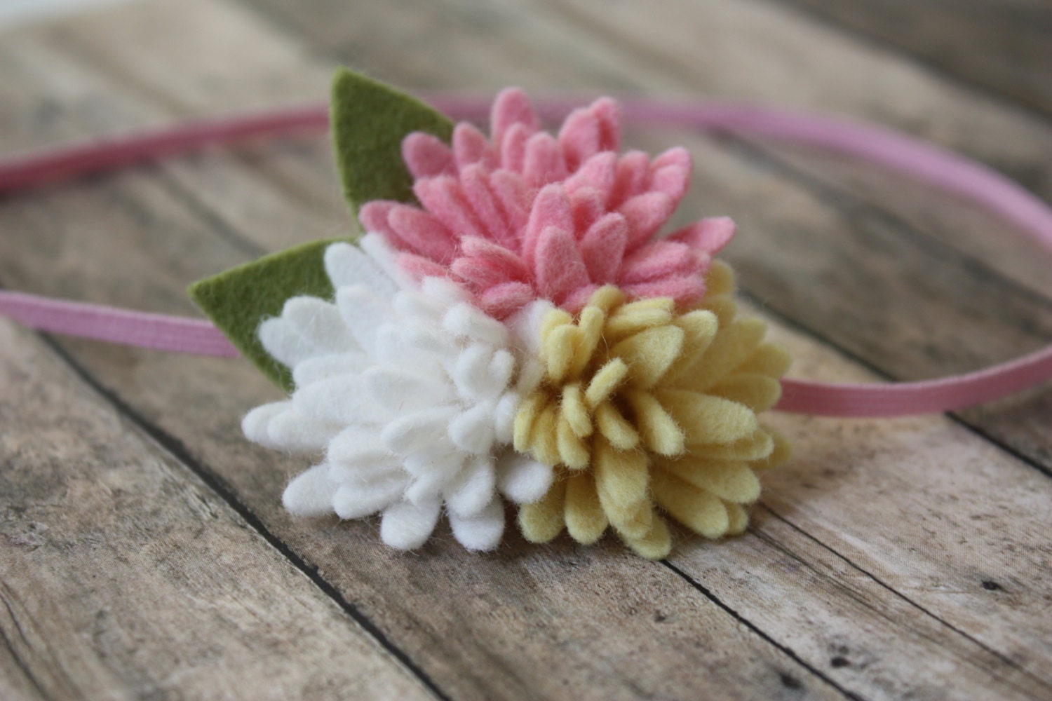 Spring Felt Flower Headband or Hair Clip- Mini Daisy Trio in Pink, White and Light Yellow  - Photo Prop