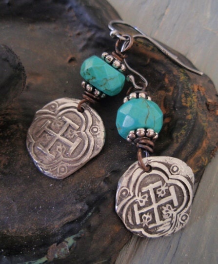 Rustic sterling silver cross coin earrings 'Pirate's Glory' turquoise, artisan , sundance , aqua blue , boho surfer chic