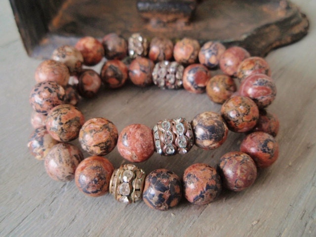 Semi precious stretch bracelet 'Vintage Rouge' earthy rustic brick red, vintage rhinestones, country glam layering stack bracelet