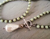 Mint green Dainty Pearl dangle crochet necklace - Simplicity - celedon green sterling silver front toggle necklace teardrop boho chic