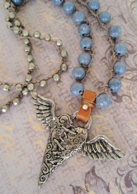Winged heart crochet necklace- Love Gives Wings  - denim blue sponge coral pyrite artisan angel wing broken heart country boho chic