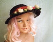 1940s Vintage Spring Straw Hat with Fancy Roses Trim Garden Party