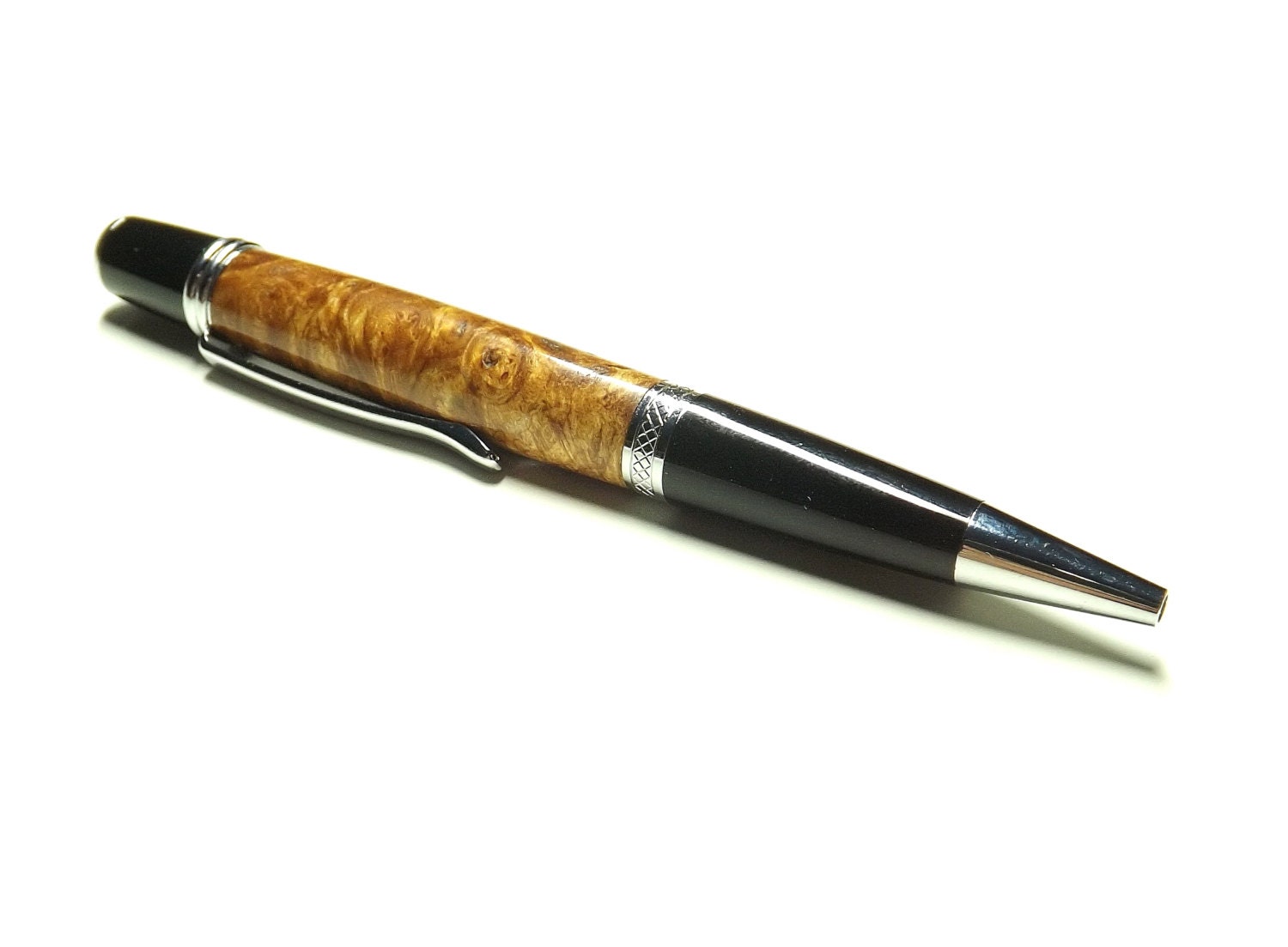Wood Pen -  Classica Ballpoint - Western Maple Burl - Twist Style - Chrome Hardware - Black accents - Black Velvet Pouch Included