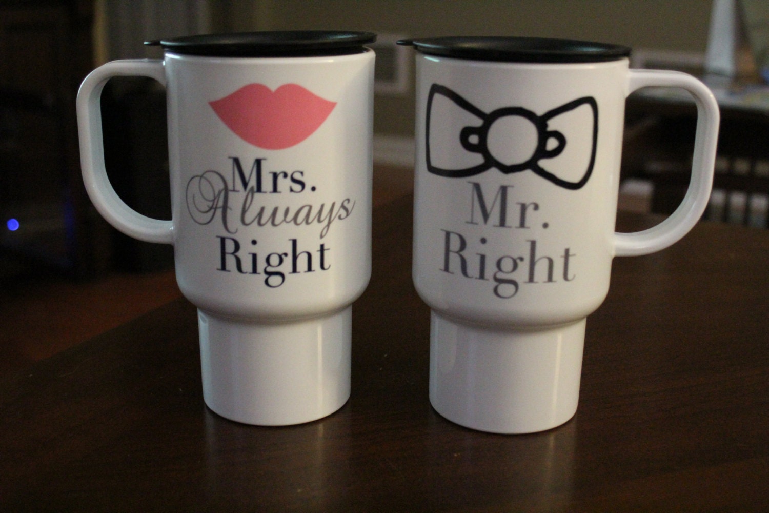 Mr. Right & Mrs. Always Right set of two insulated travel tumblers for bride and groom or any couple. With lips and bow tie.