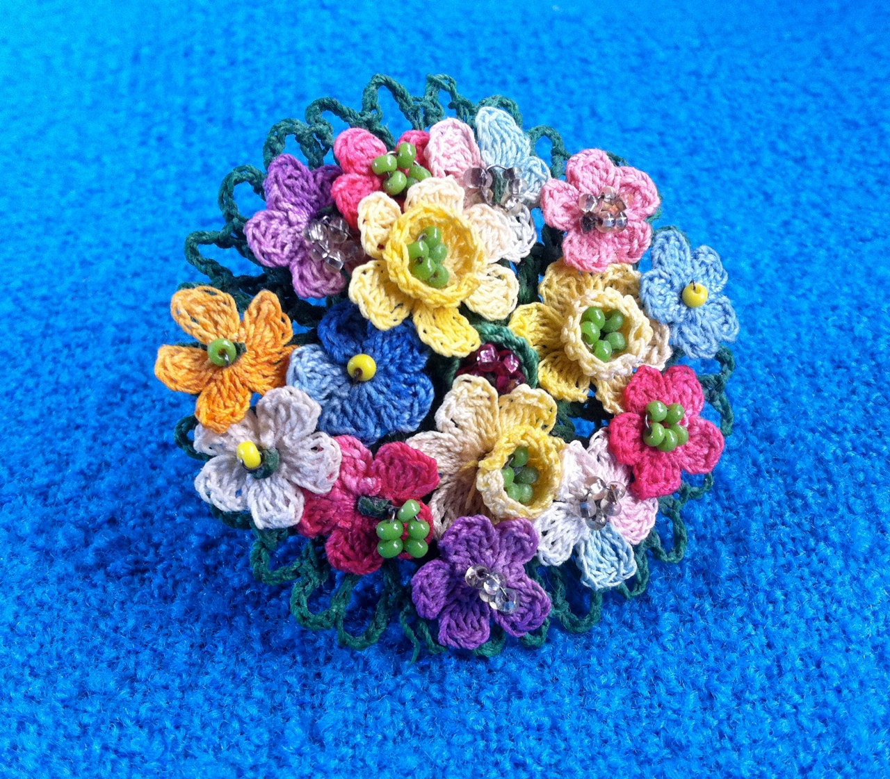 Vintage Millinery Flowers Bouquet Crocheted Beads Beading Wire Backing