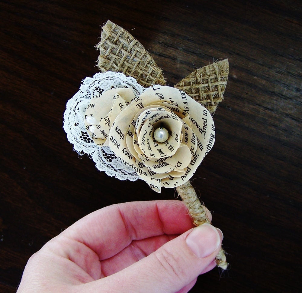 Book Page Boutonniere -Book Page Flower -Vintage Paper Boutineer -Paper Rose -Eco Wedding