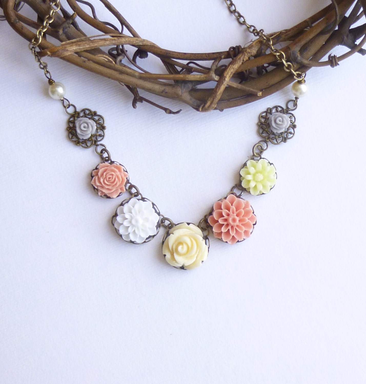 Soft Summer Garden Necklace -- Antiqued Brass Vintage Style Resin Flower Statement Piece