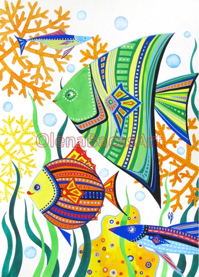 Children Wall Art Fish Ocean Sea Creatures ORIGINAL Painting Watercolor Gouache Illustration Nautical Nursery room decor SALE Baby Boy Girl