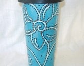 LARGE Ceramic Travel Mug w/lid - Turquoise - Flower, Swirls, Dots