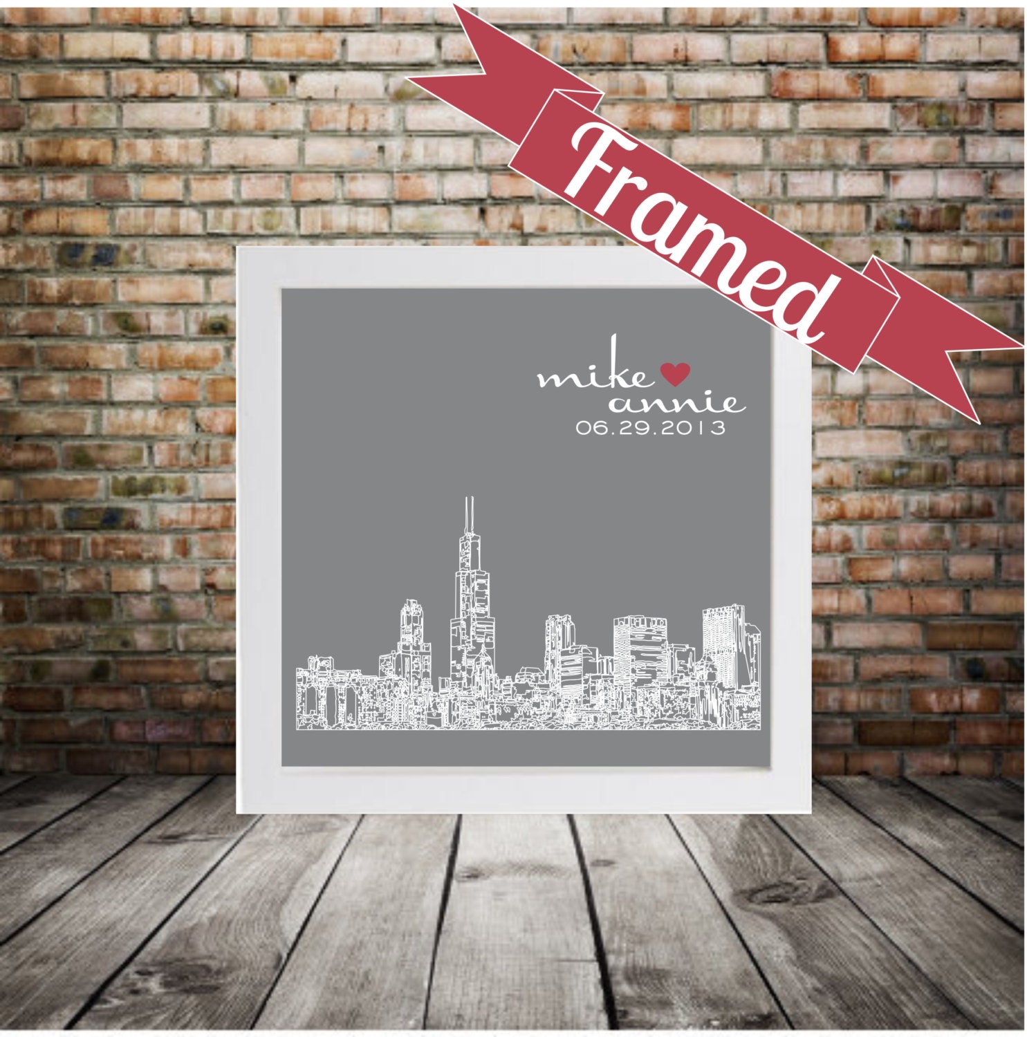 Chicago Skyline Wedding Gift Personalized FRAMED ART Gift Print- Chicago, IL or Any City Available Worldwide Unique Wedding Gift