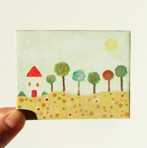 Small Original Acrylic Painting, The House by the Trees