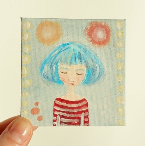Small Original Acrylic Painting, Whimsical Blue Hair Girl