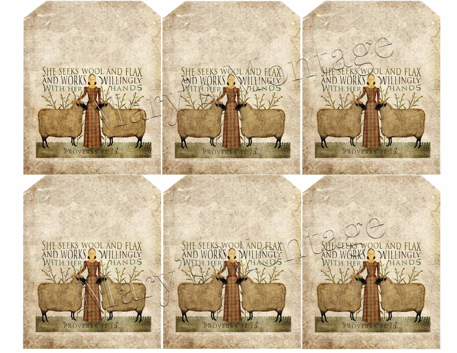 Wool and Flax, primitive, folk art style, digital art. . Download & print.   Tag Sheet.