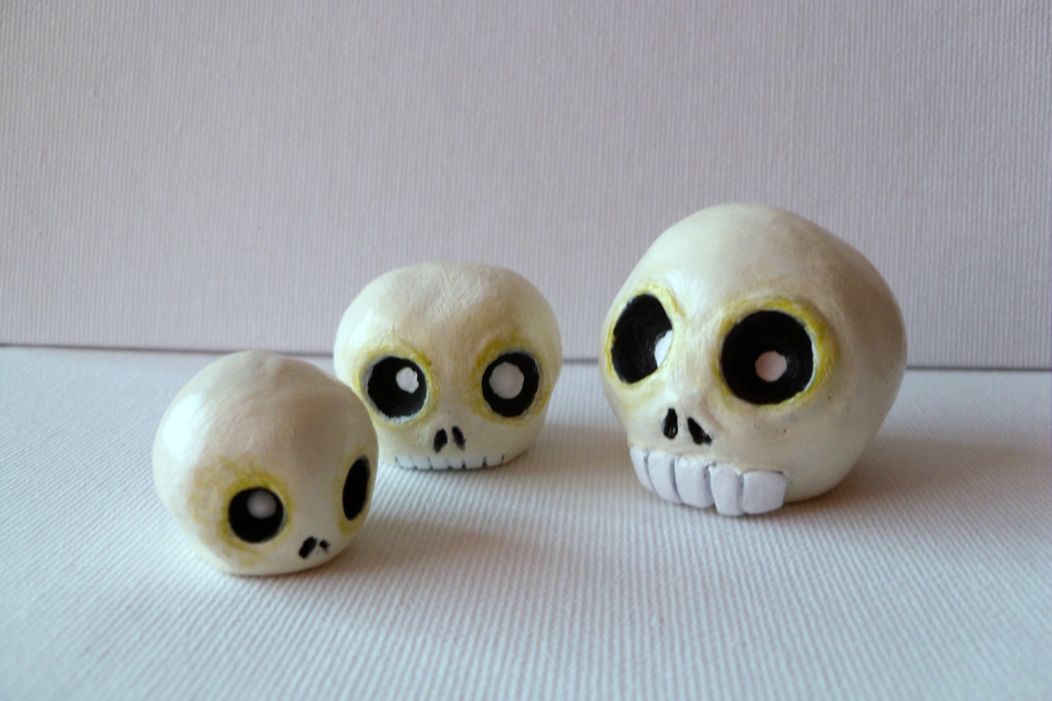 Clay Sculpture - Halloween Decor - The Skully Family - Three Ivory Skulls - OOAK
