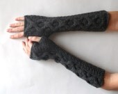 Charcoal Gray Wool Fingerless Gloves Cable Knit Arm Warmers Warm Winter Gloves Womens Hand Warmers Fingerless Mittens - KG0051 - Aimarro