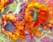 Happy Sunflowers brighten your room. Yellow, orange, blue, green, red. Dancing vibrant colors.