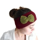warm knit headband, Bow Headband ,Ear warmer, knitting, gift, winter trend ,fashion, Christmas, Burgundy and Green