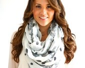 Black & White Polka Dots Butterflies Infinity Loop Scarf Lightweight Wide Linen Cotton Womens Fashion Accessories Handmade gift Ideas