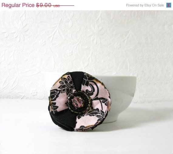 Mothers Day - Shabby Frayed Pink n Black Fabric Flower Rosette Pin