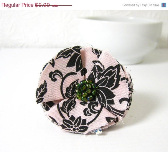 Mothers Day - Shabby Frayed Pink n Black Fabric Flower Rosette Pin