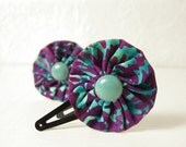 Mothers Day - Plum Purple and Teal Batik Fabric Yo-Yo Hair Clips PAIR