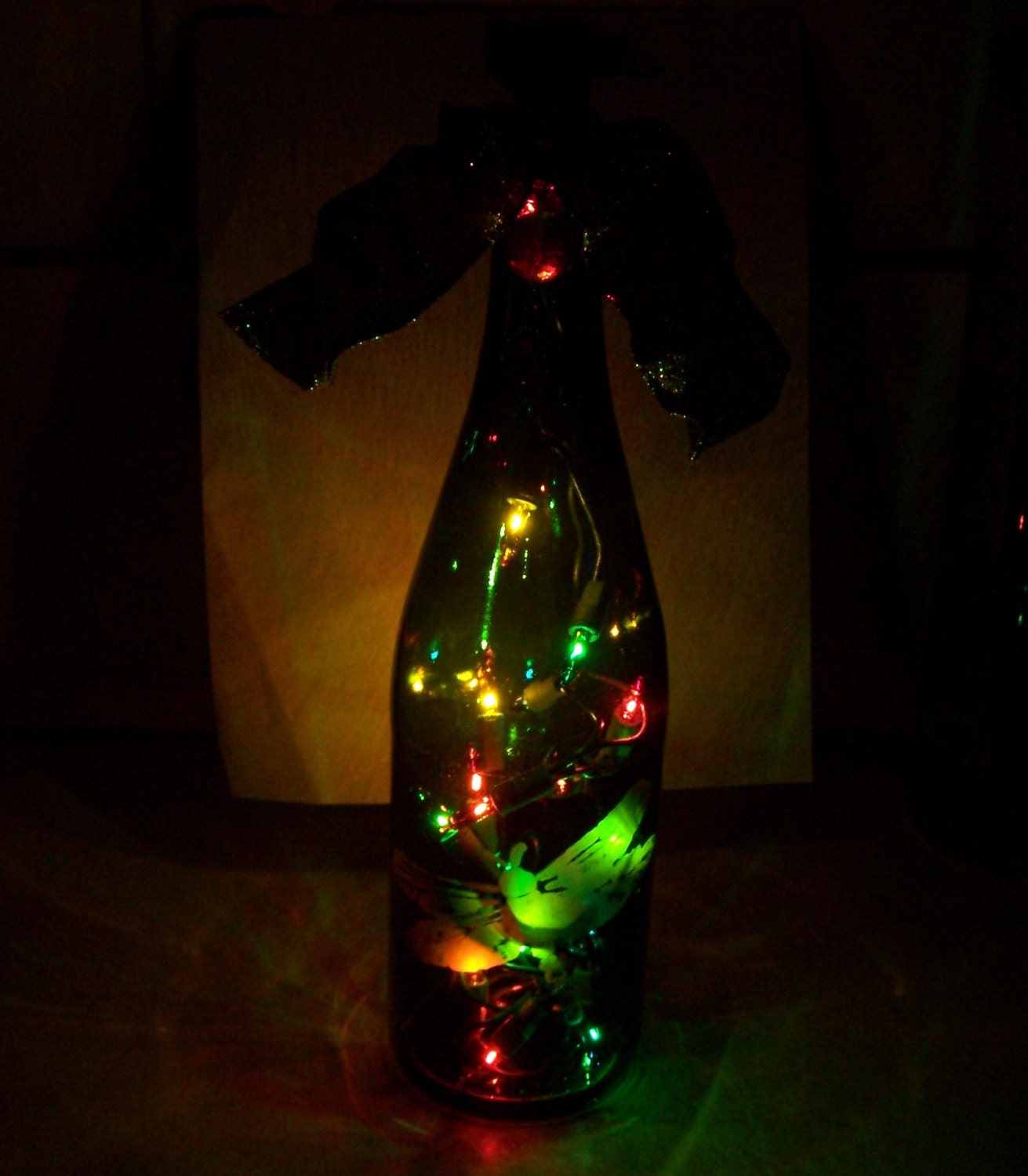 etched glass dragonfly recycled lighted bottle with frog on the cork