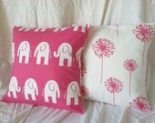 Decorative Throw Pillow Covers - Set of Two, Modern Elephant Design, Dandelion, Pink White, 20" x 20", Cushion Covers, Nursery Pillows