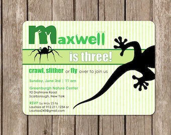 Slithery bugs and lizard Invitation - perfect for a nature birthday party - customized to any color (DEPOSIT)