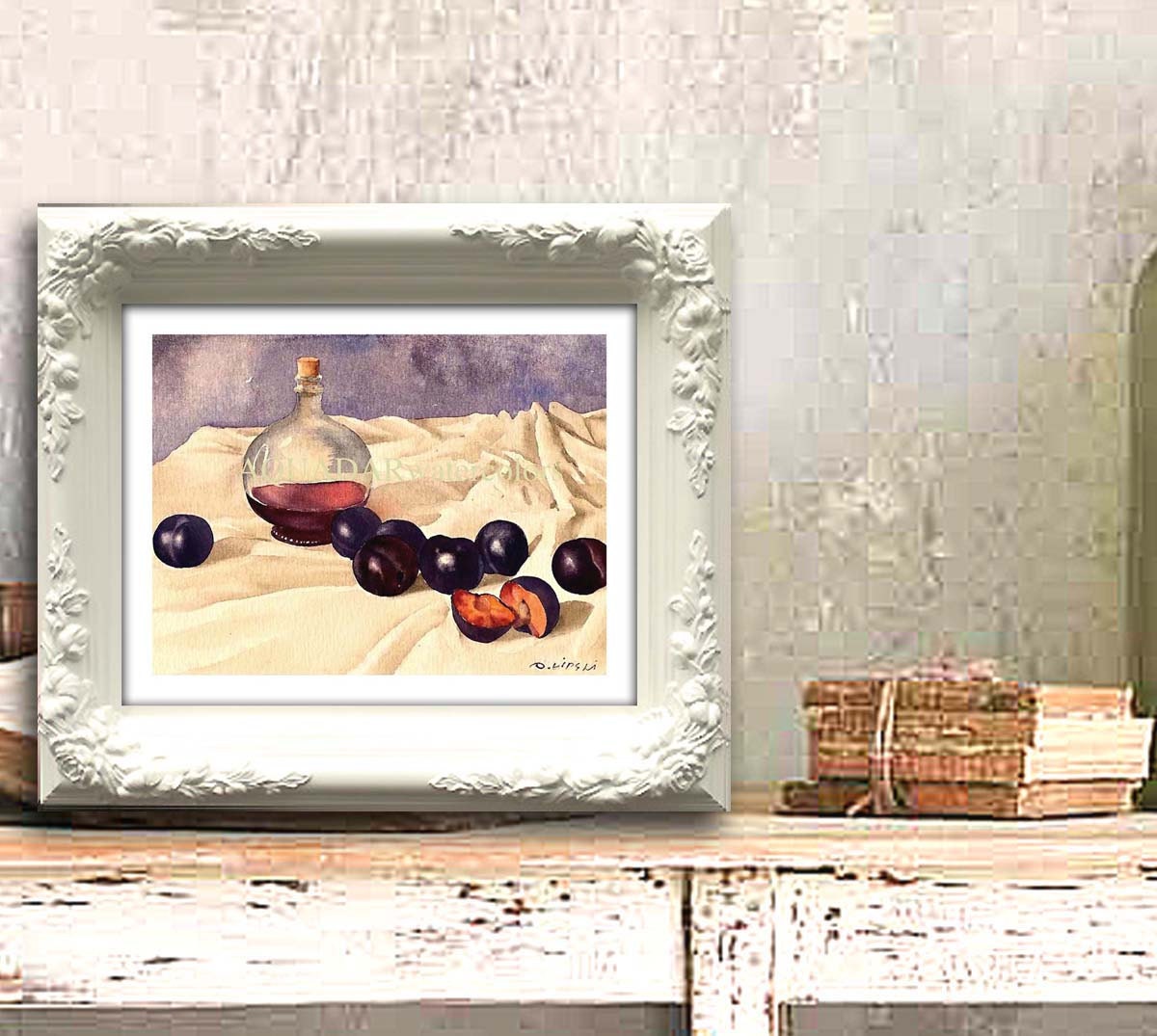Modern wall art Still Life with Ruby Wine Blue Plums  Kitchen, Home Decor, Vintage, Print from Original Watercolor Painting 8"x 10"