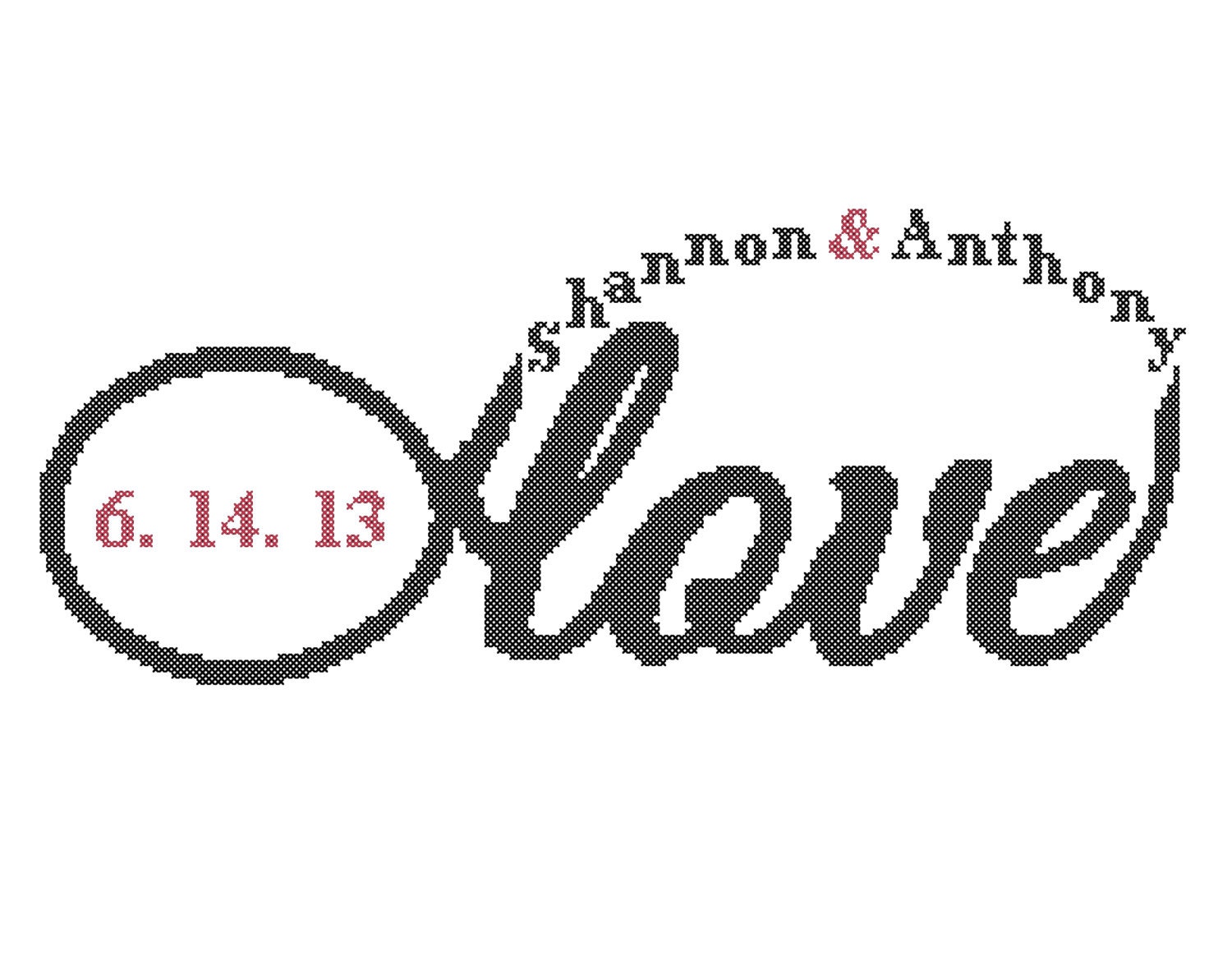 Infinity Love Cross Stitch Pattern Personalized with Names and Date Red and Black Modern Wedding Cross Stitch