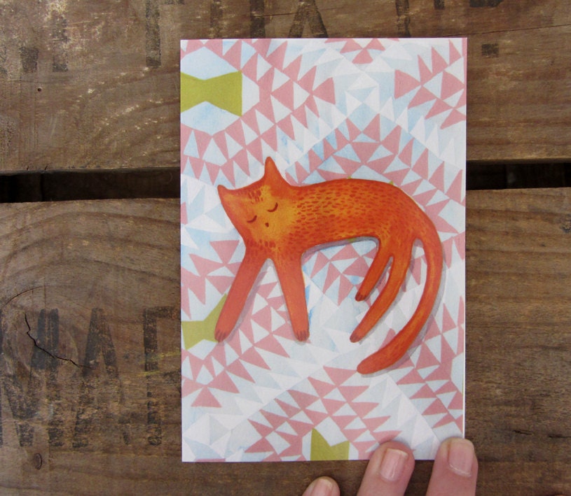 Recycled greetings card with envelope: Lounging cat on rug