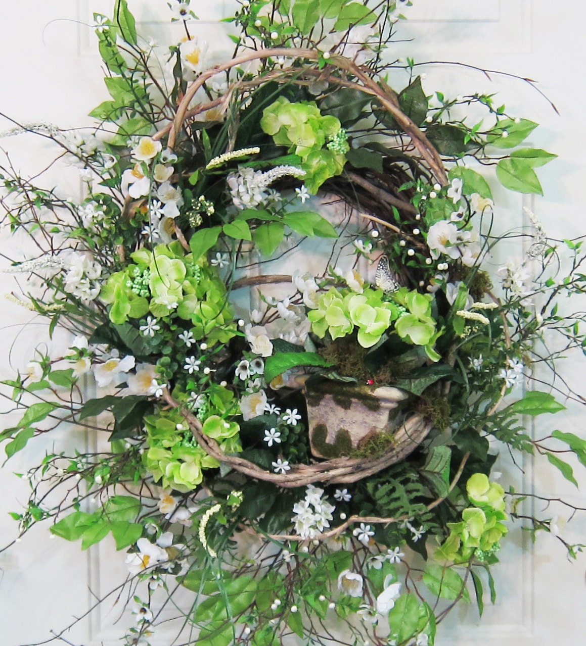 XXL Eye-Catching Front Door Wreath With Green Hydrangeas, White Apple Blossoms, & Clay Pot