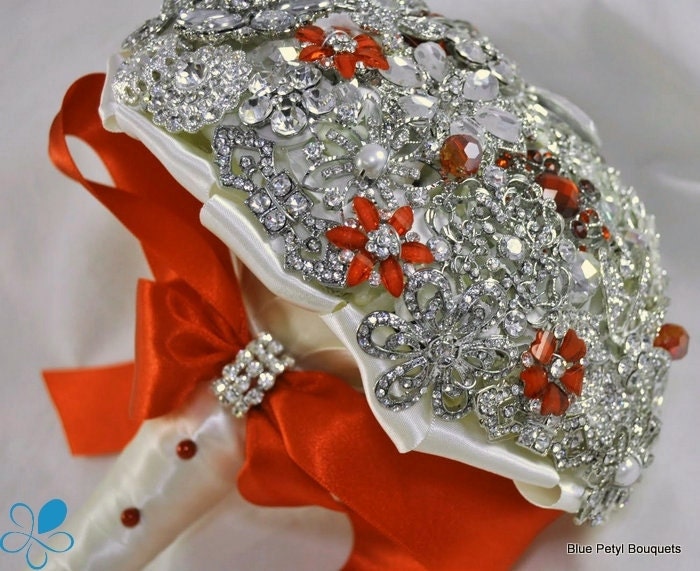 FULL PRICE (not a deposit) MEDIUM Orange Crystal Brooch Bouquet - by Blue Petyl - Bridal Bouquet - Wedding Bouquet