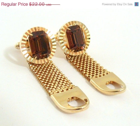 Mesh Wrap Cuff Links Gold Tone w/ Topaz Glass Stones