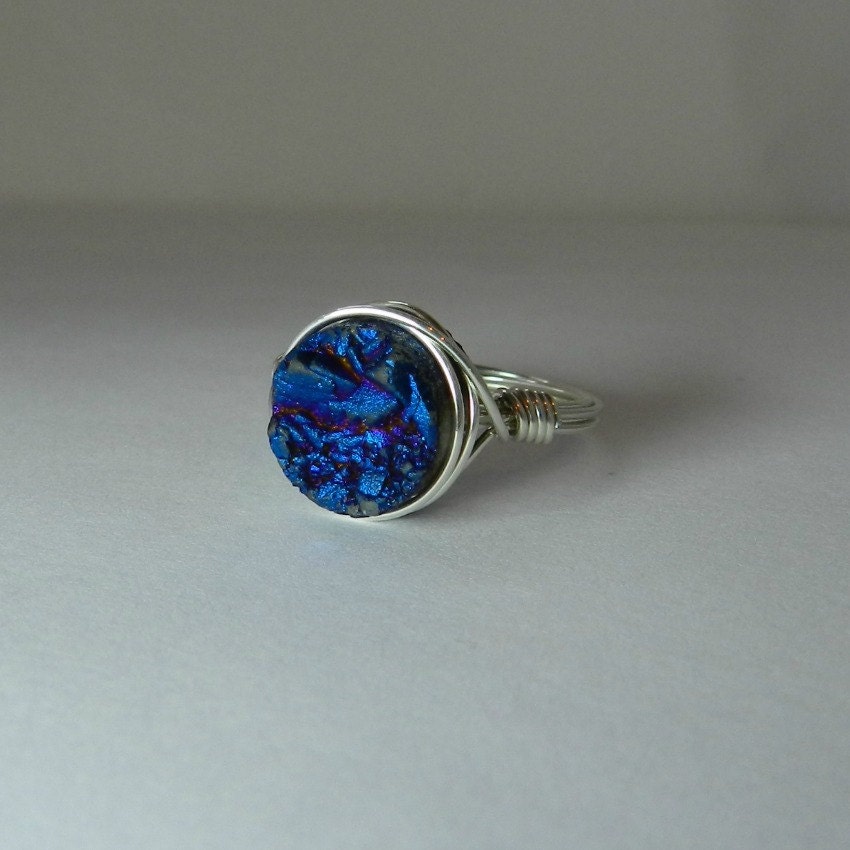 Blue Druzy Ring, Sterling Silver Wire Wrapped Titanium Druzy, Cocktail Ring Size 7