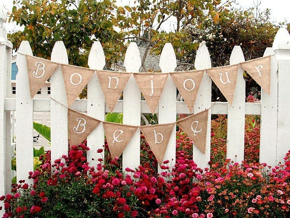 Baby Shower Burlap Banner REVERSIBLE - Bonjour Bebe Pennant Bunting