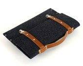 MacBook 13 Pro briefcase sleeve black felt case with leather straps and handle made by SleeWay