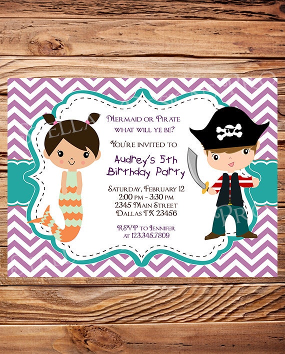 Mermaid or Pirate Birthday Party Invitation, GIRL, BOY, Little Mermaid, Pirate Birthday Party, Teal, Chevron Stripes, Printable (Item 4023)