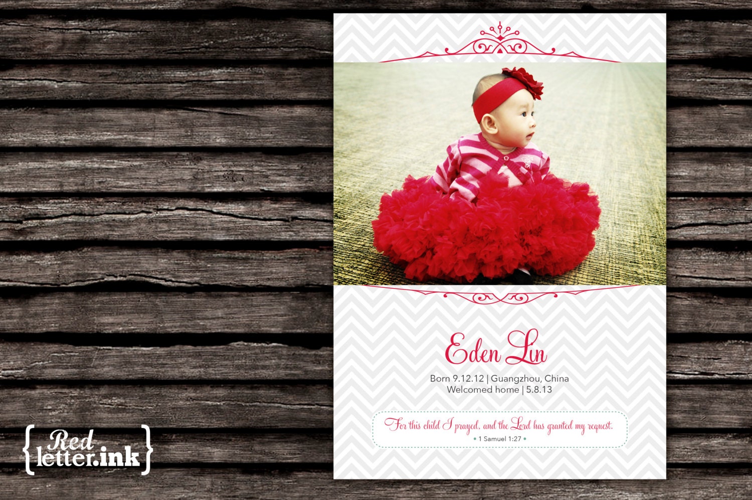 Monogram Digital Adoption Announcement Card - Customizable with scripture & photo (1 Samuel 1:27)