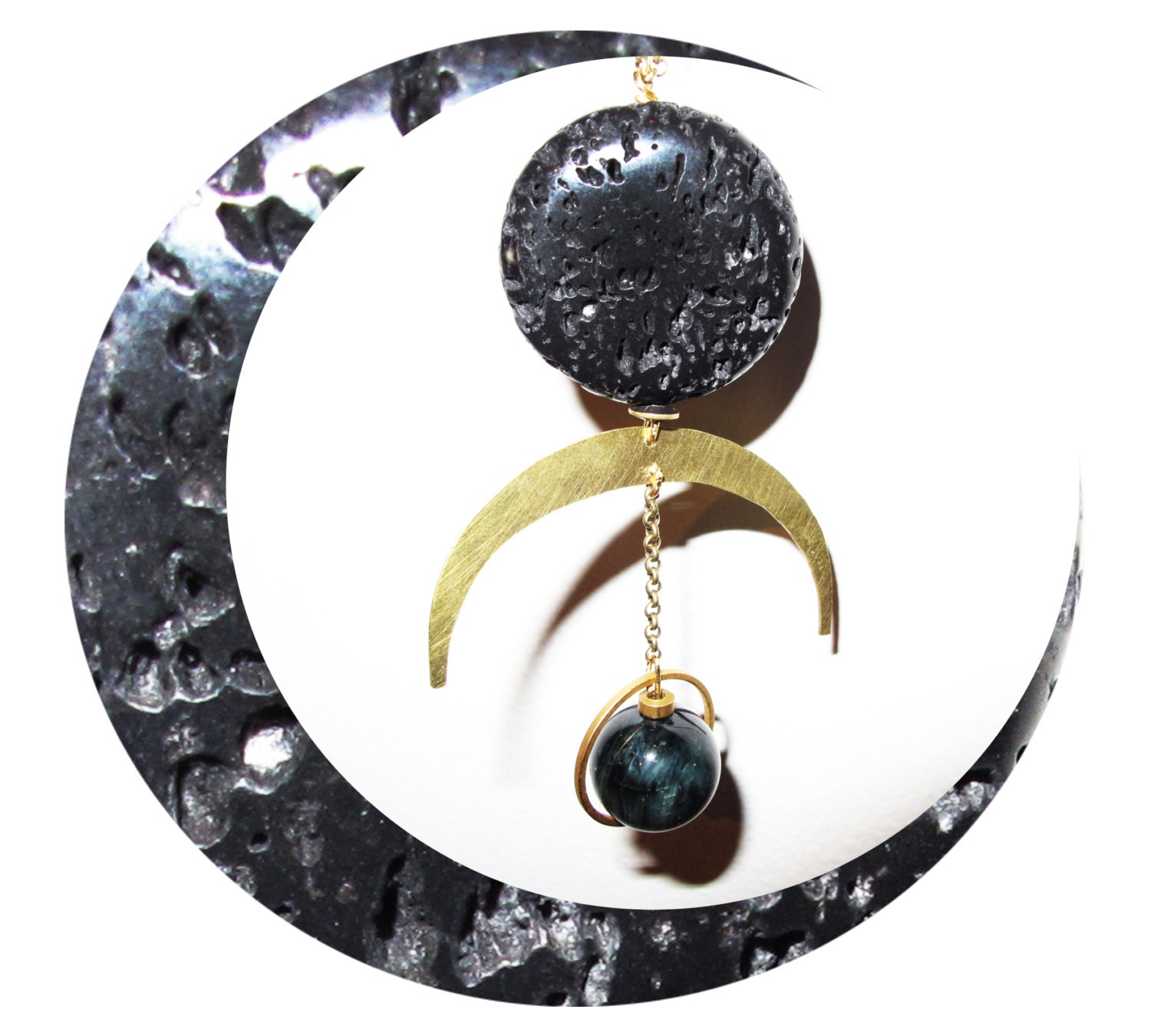 Lava Rock Moon Dial Cats Eye Bead Marble Necklace Metal