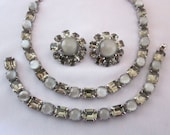 Smoke Gray Rhinestone Necklace Bracelet Earrings Set - Vintage Parure Collar Necklace, Statement Jewelry, Mad Men Jewelry- JryenDesigns