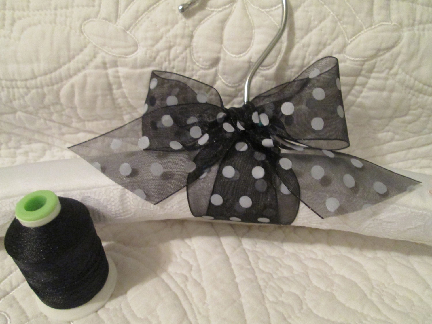 Black and White Poka Dot Organza bow on White Satin Monogrammed Hanger for the Bride or Prom
