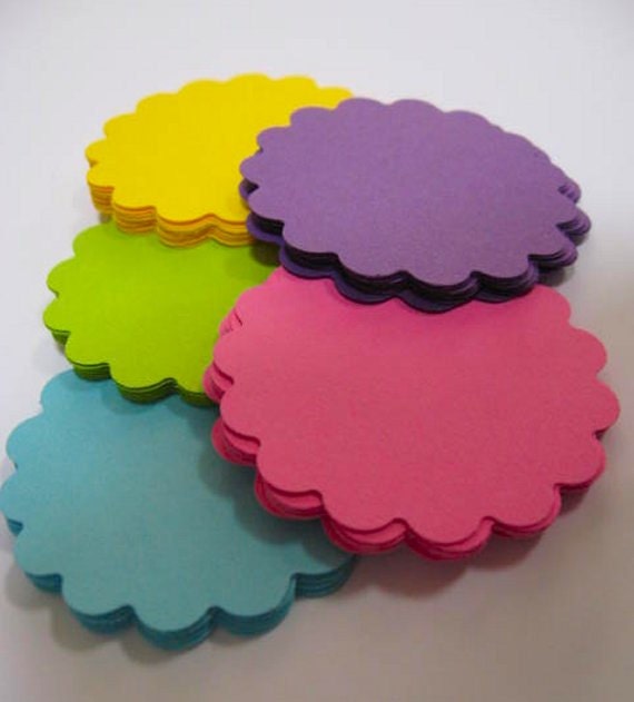 50 Scalloped round circle paper punches die cuts    for tags  cupcake toppers      tropical brights    2 inch