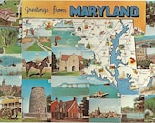 Vintage Postcard Greetings from Maryland -  Map - 1970s