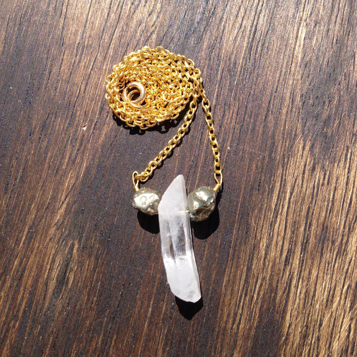 Clear Quartz Crystal & Pyrite Gold Necklace // Jewelry