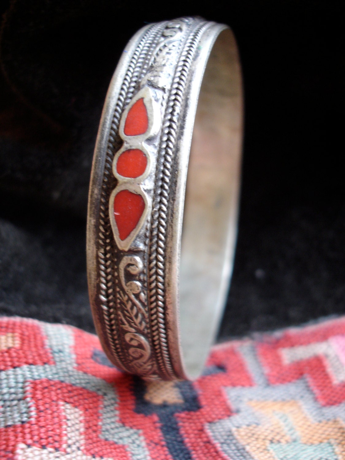 Moroccan silver and red enamel bracelet bangle for Tribal fusion dance